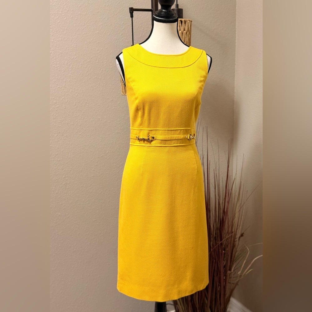 Tahari ASL Dress Golden Yellow Textured Lined Sheath Size 8 - Picture 2 of 9